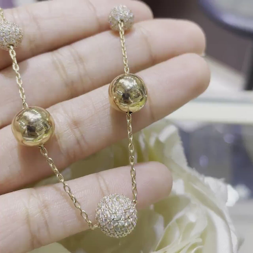 Elegant Solid Gold & Diamond Ball Chain Necklace