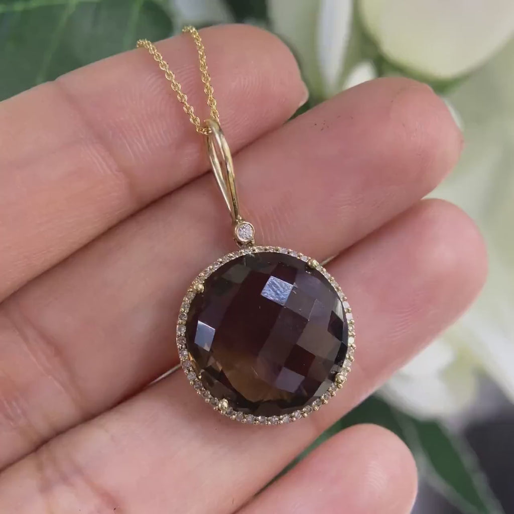 14K Yellow Gold Smoky Topaz with Diamonds Pendant ATJ
