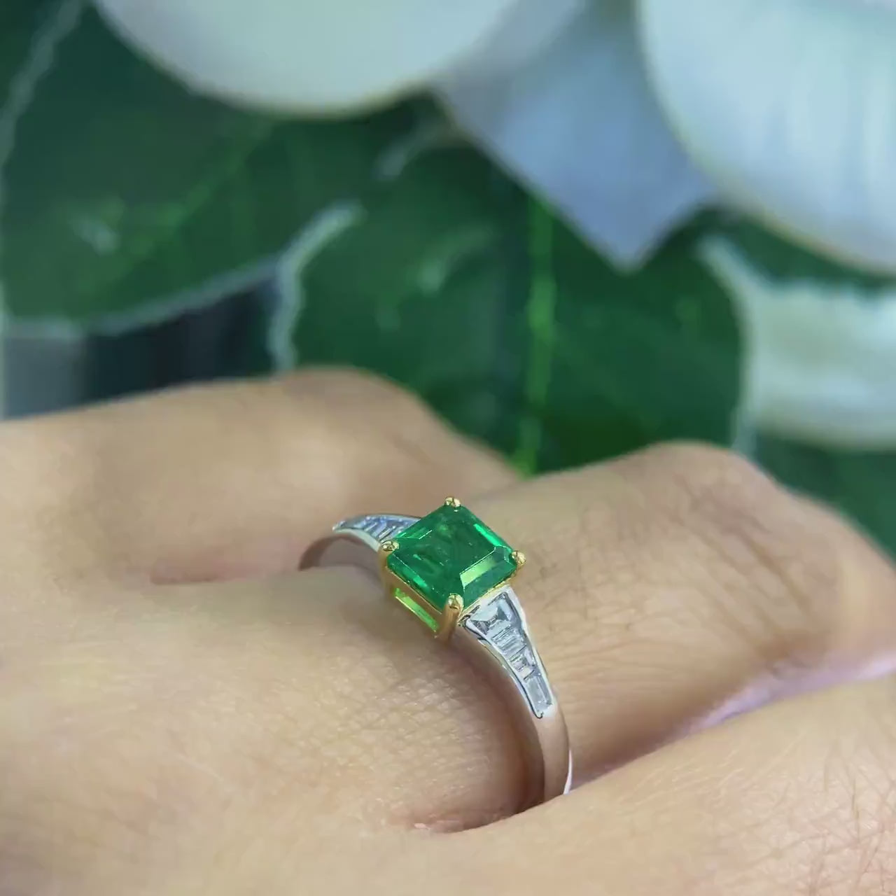 White Gold Ring with Asscher Cut Emerald and Graduated Baguette Diamonds