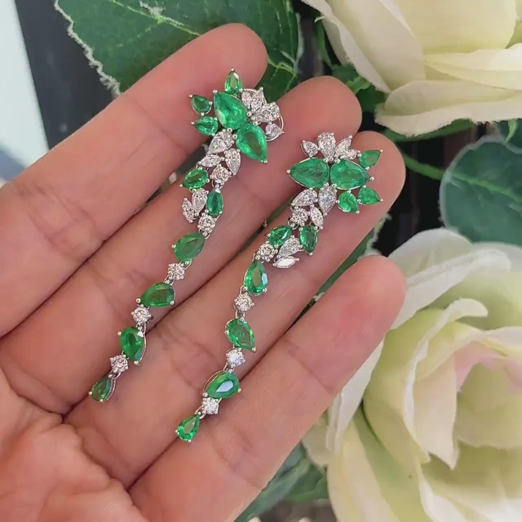 18Kt White Gold Earrings Emerald and Diamonds ,5.90ct in Emeralds pear shape cut  & 1.57ct Natural Diamonds marquise cut . COLER019 A,JJJ