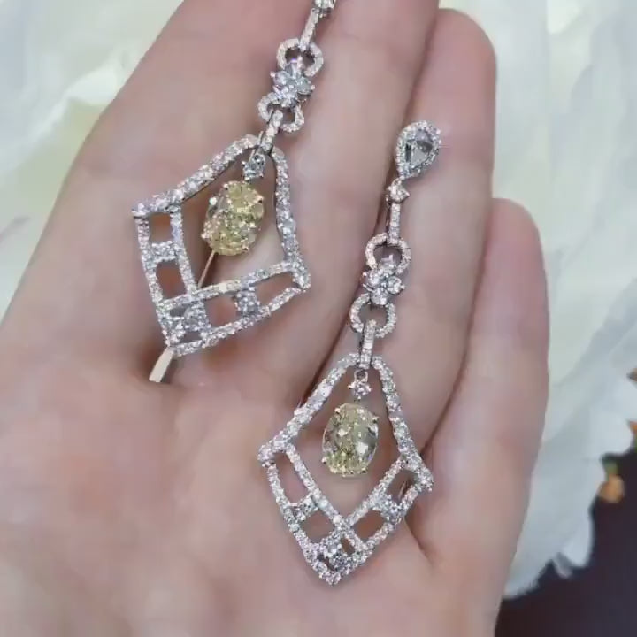 Fancy Light Yellow Diamond Dangle Earrings 6.62CT in 18K White Gold
