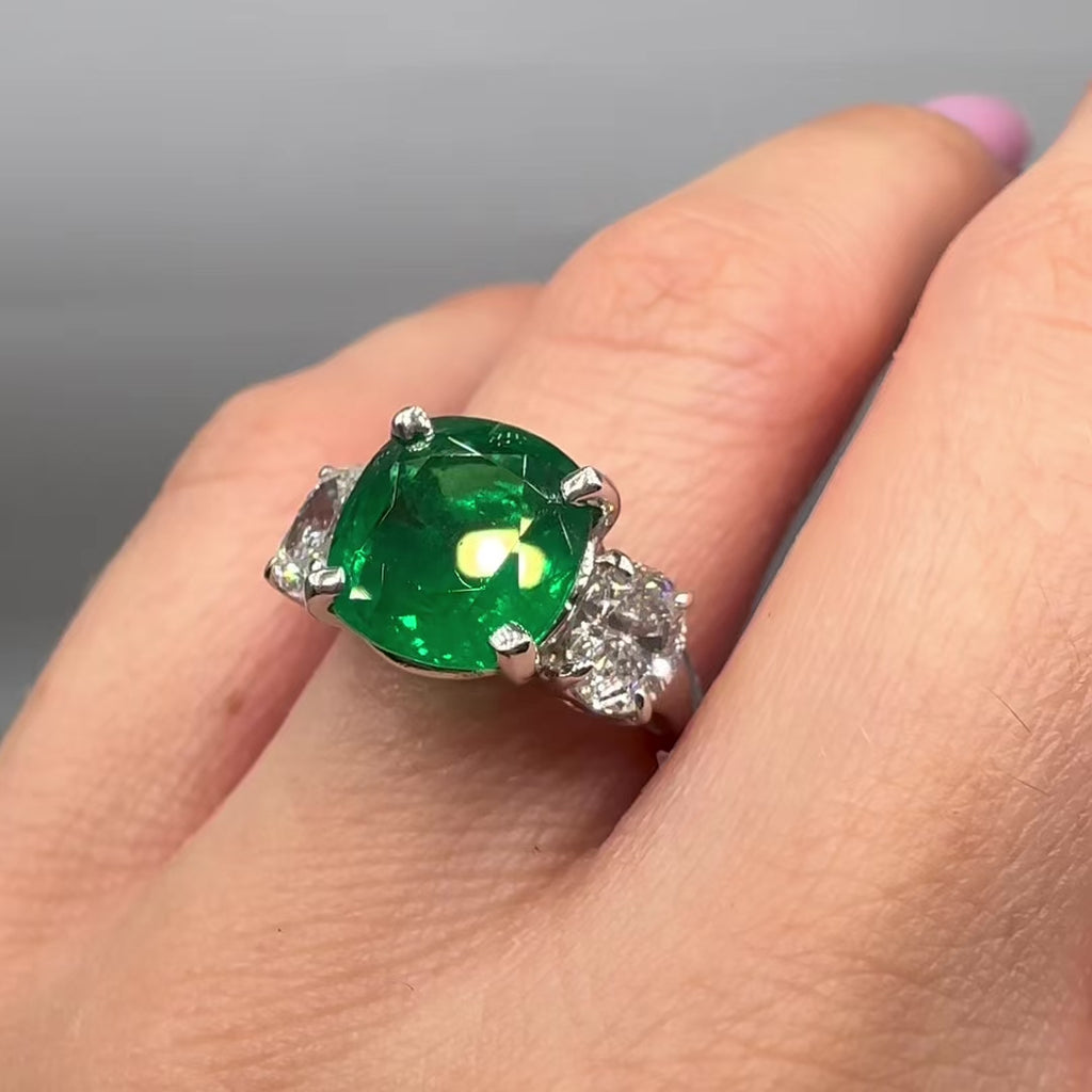 14K White Gold 3.84ct Emerald & 1.42ct Diamond Three-Stone Ring EMDR023 ZTJJ