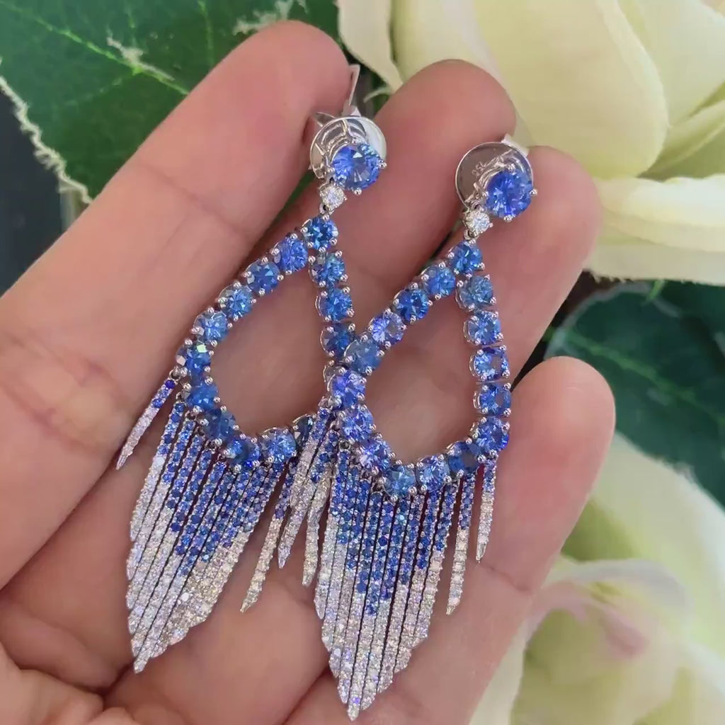 18Kt White Gold Sapphire Earrings with 8.44ct in Sapphires , 1.15ct in Diamonds . G-H color, VS2-SI clarity.  SDER036 G,IJJ