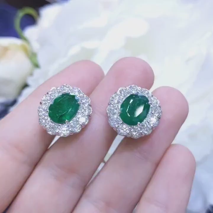 14K White Gold Emerald & Diamond Floral Earrings – 8.55CT | EMER022