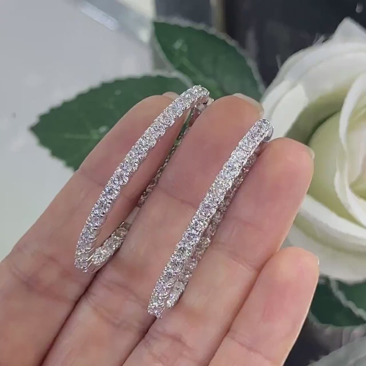 14K White Gold Diamond Hoops Earrings with 7.02ct Lab grown Diamonds ,2 inches ,F color, VS2 Clarity. DIER0134 GJJJ