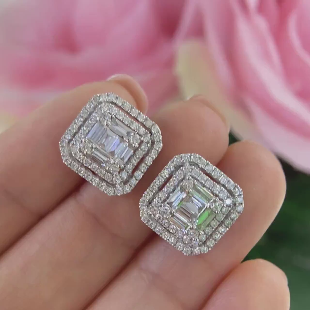 14K White Gold Statement Earrings with Emerald and Round Brilliant 1.62ct Natural Diamonds