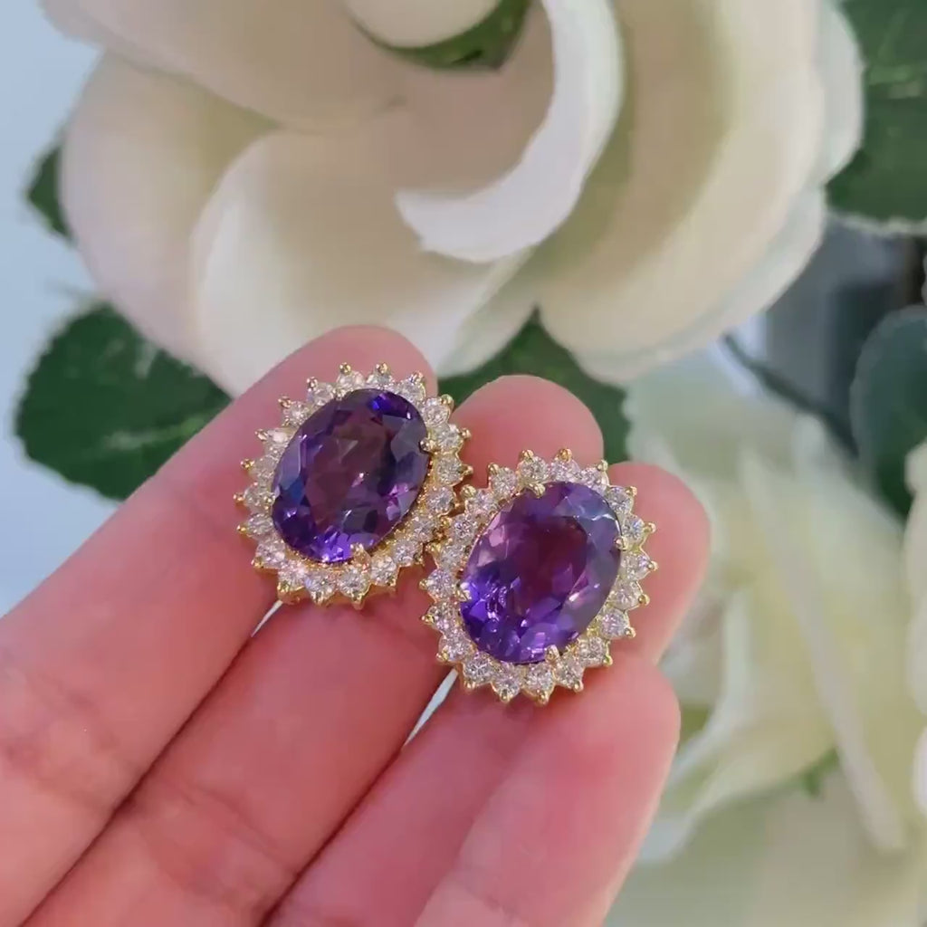 18K Yellow Gold Diamond & Amethyst Earrings – 2ct Diamonds, 16ct Amethysts COLER027 GJJJ