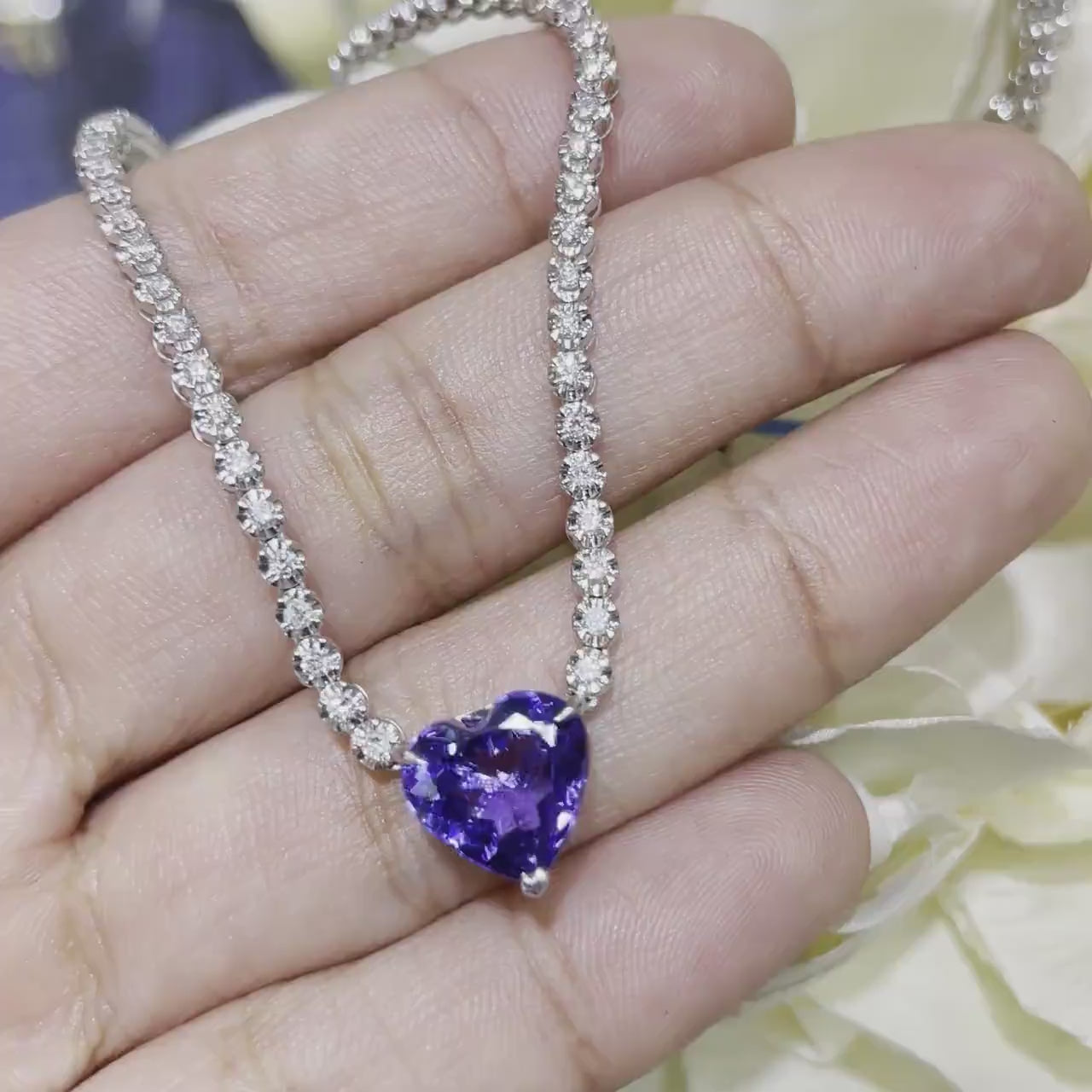 Diamond Tennis Necklace with Heart Shape Tanzanite