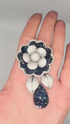 18K White Gold Diamond & Sapphire Floral Pin/Pendant – 8 CT Diamonds, 24 CT Sapphires