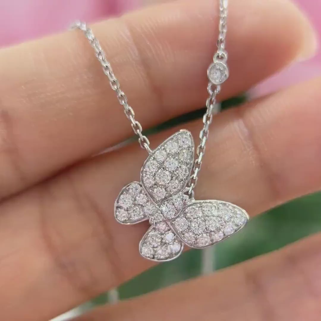 18K White Gold Butterfly 0.75ct Natural Diamond Pendant Necklace IJJJ