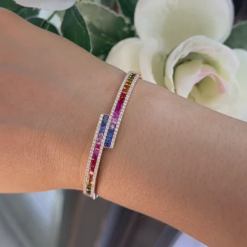 Rose Gold Colored Princess Cut Sapphire and Round Cut Diamond Bypass Bangle