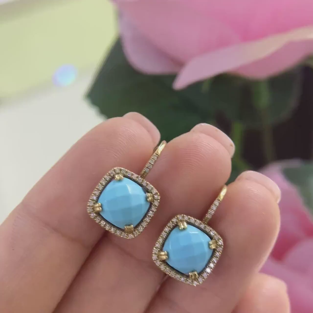 14K Yellow Gold 2.87ct Blue Coral with 0.17ct in Diamonds Earrings. E-10391