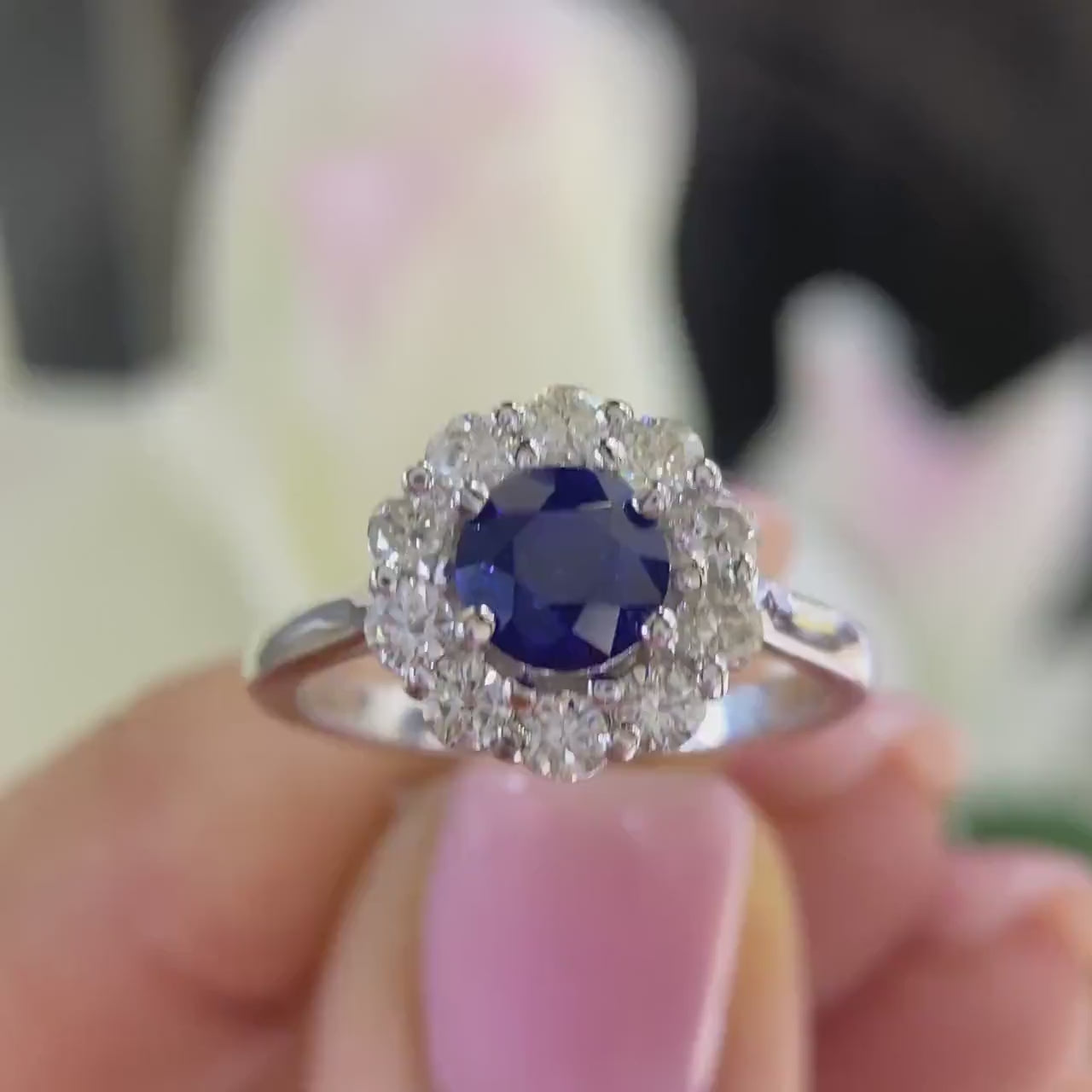14K White Gold Diamond and Blue Sapphire Ring. Natural Diamonds and Natural Sapphire. 1.00ct in Sapphire & 0.66ct in Diamonds Ring SI,F-G.