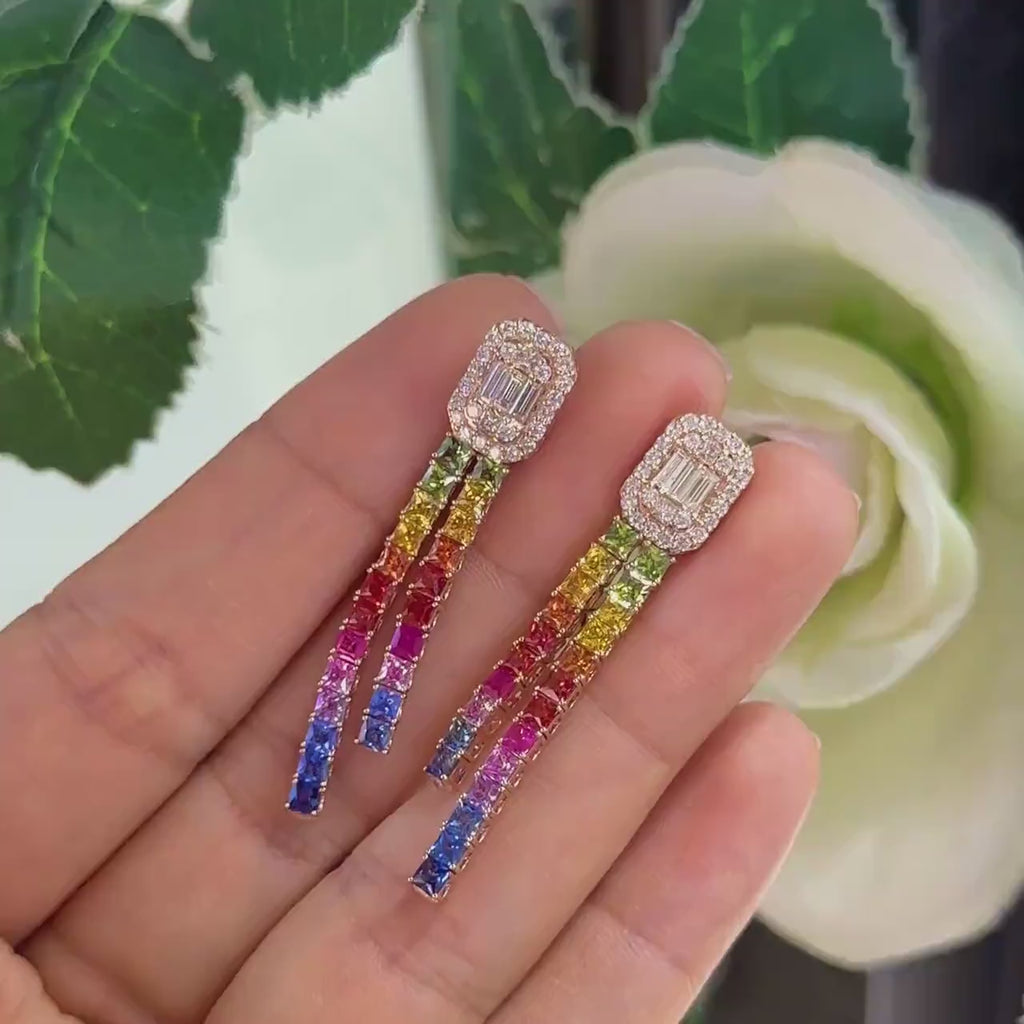 Rose Gold Multi-Color Natural Sapphire & Natural Diamonds Drop Earrings.