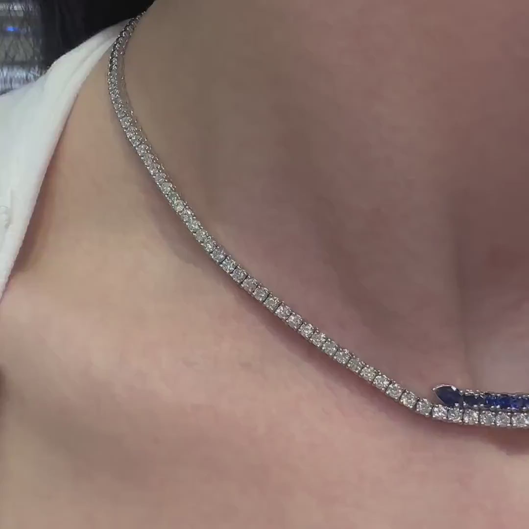 18KT White Gold Sapphire and Diamond Necklace with Baguette Center  SDN024 TZNG