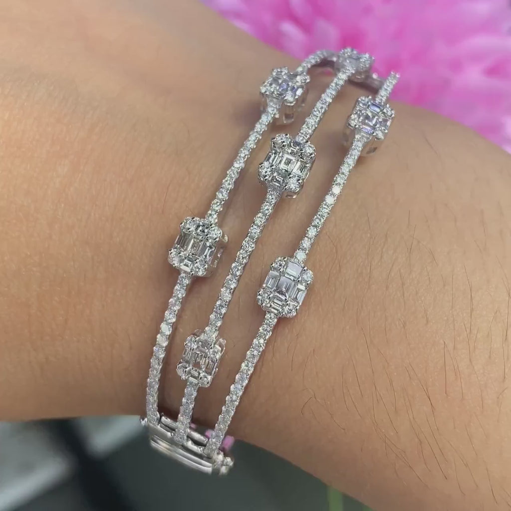 White Gold Three Row Baguette and Round Cut Diamond Bangle