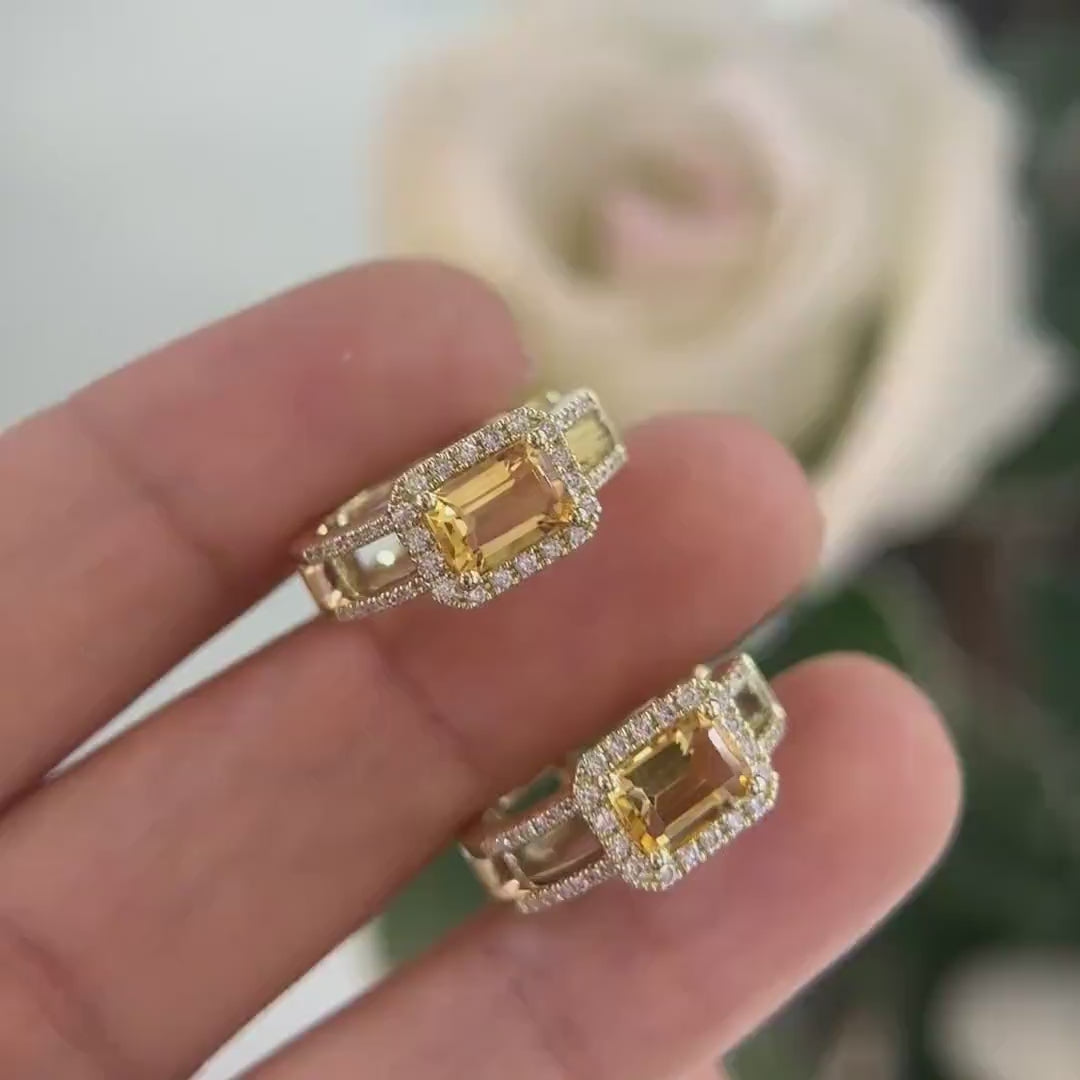 Yellow Gold Huggie Hoop Citrine and Diamond Earrings