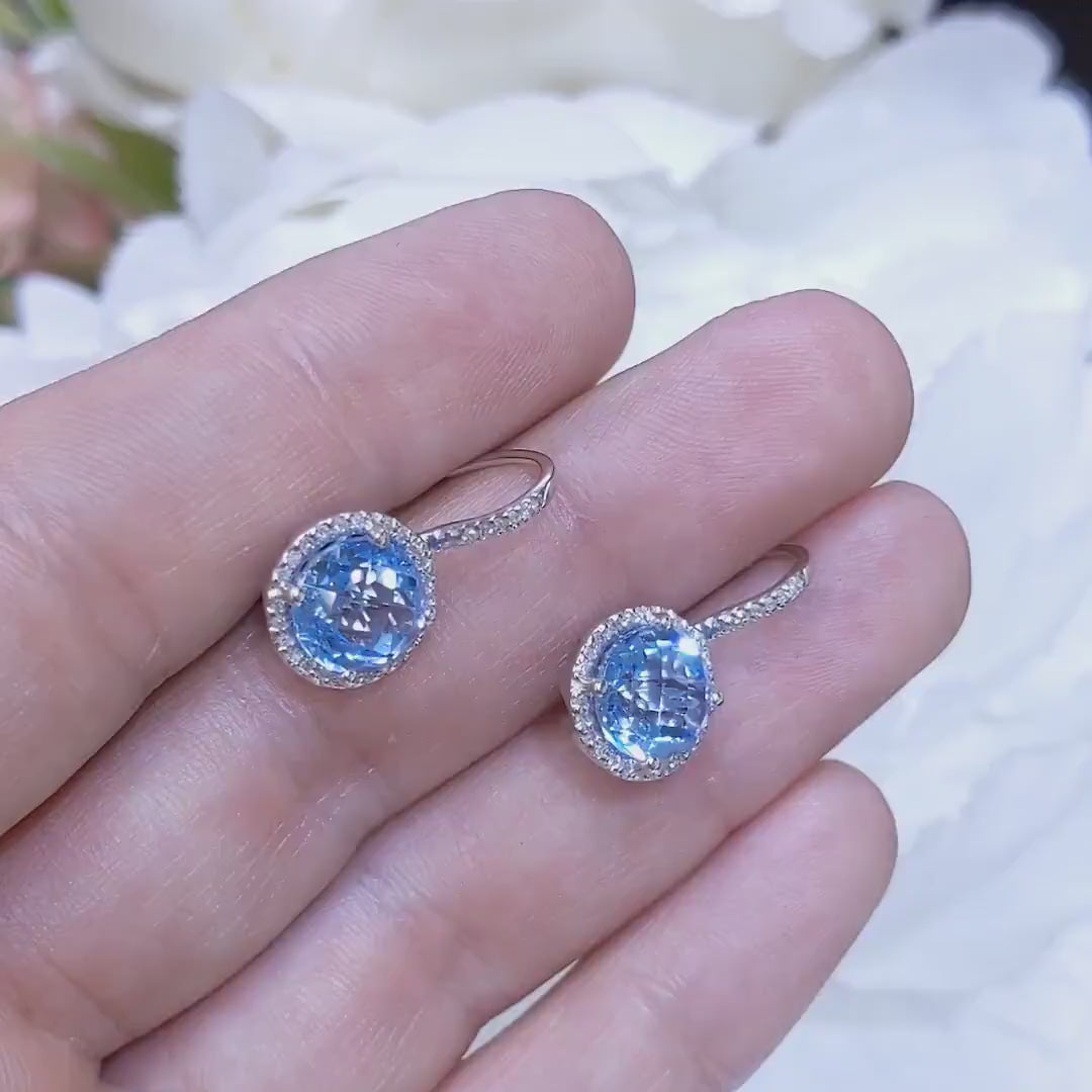 14K White Gold Blue Topaz & Diamond Halo Dangle Earrings – W8315