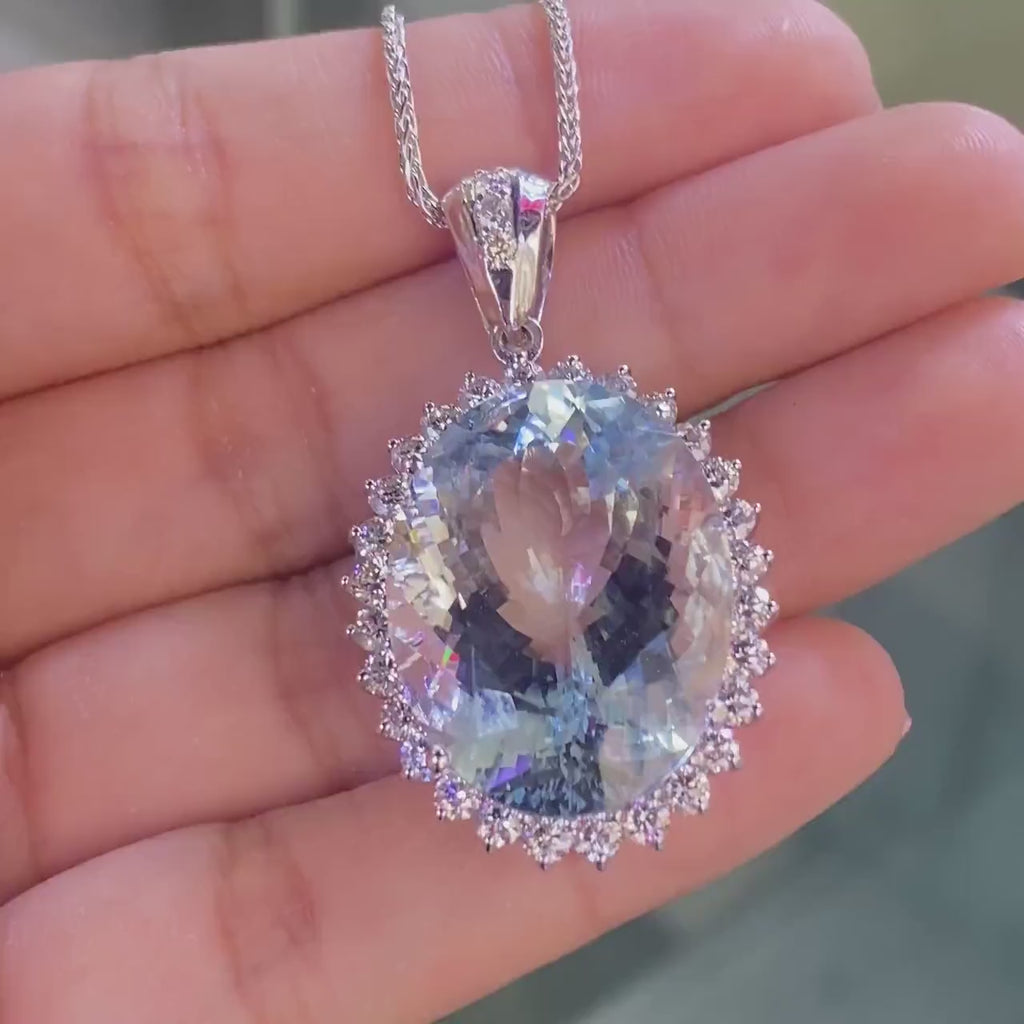 14K White Gold 36.81ct Aquamarine  3.30ct inDiamonds Pendant  G color -SI COLN019