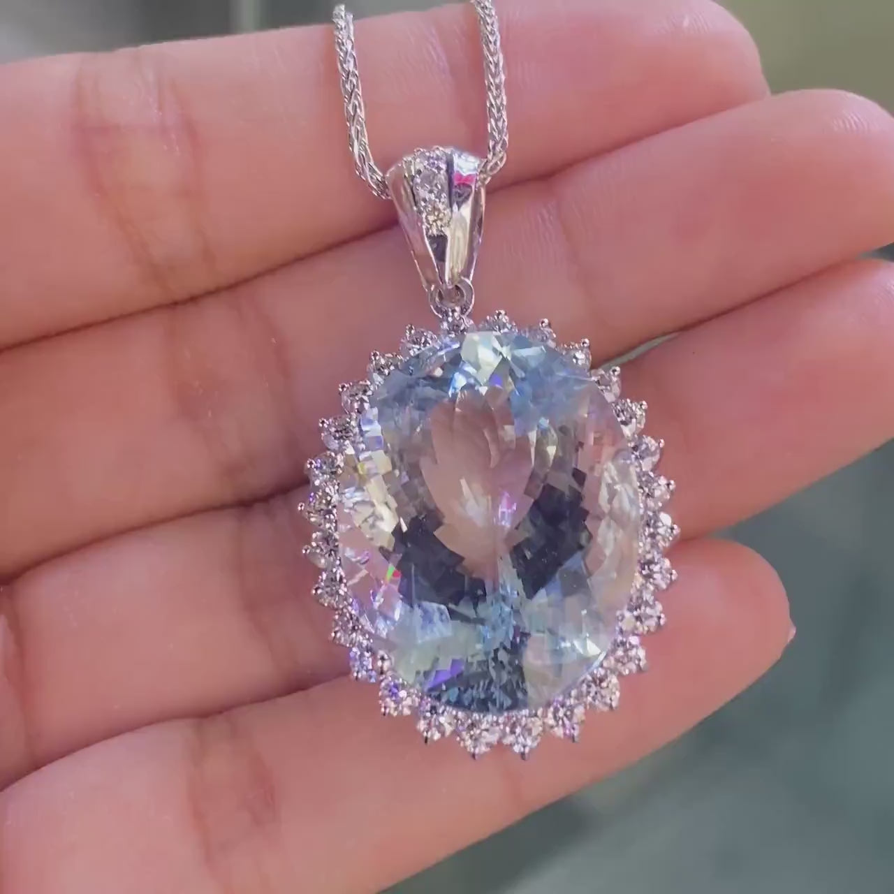 14K White Gold 36.81ct Aquamarine  3.30ct inDiamonds Pendant  G color -SI COLN019
