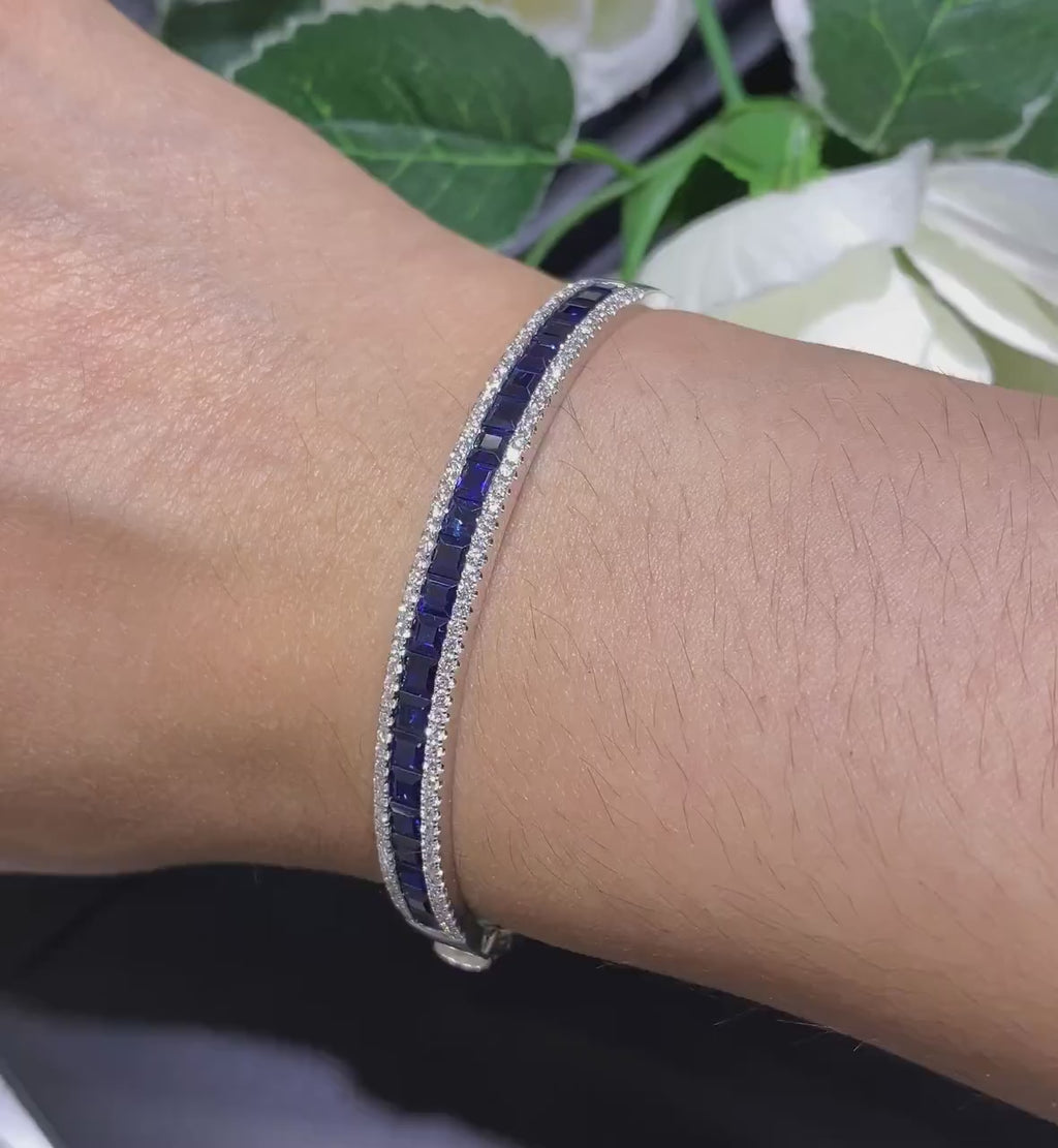 18K White Gold Diamond Bangle 1ct Round Cut Diamonds 5.36ct Sapphires all natural
