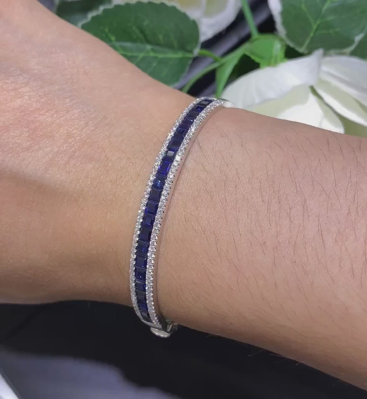 18K White Gold Diamond Bangle 1ct Round Cut Diamonds 5.36ct Sapphires all natural
