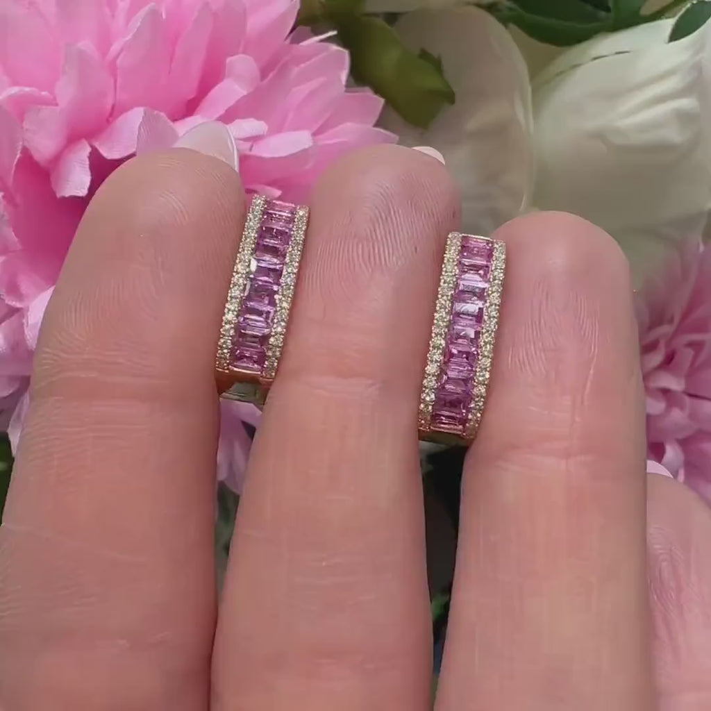 18KT Rose Gold Pink Sapphire & Diamond Hoop Earrings – SDER029 ISZT