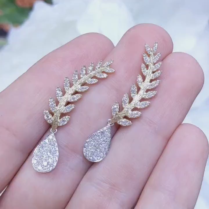 Yellow and White Gold Climber Earrings with Pave Diamonds