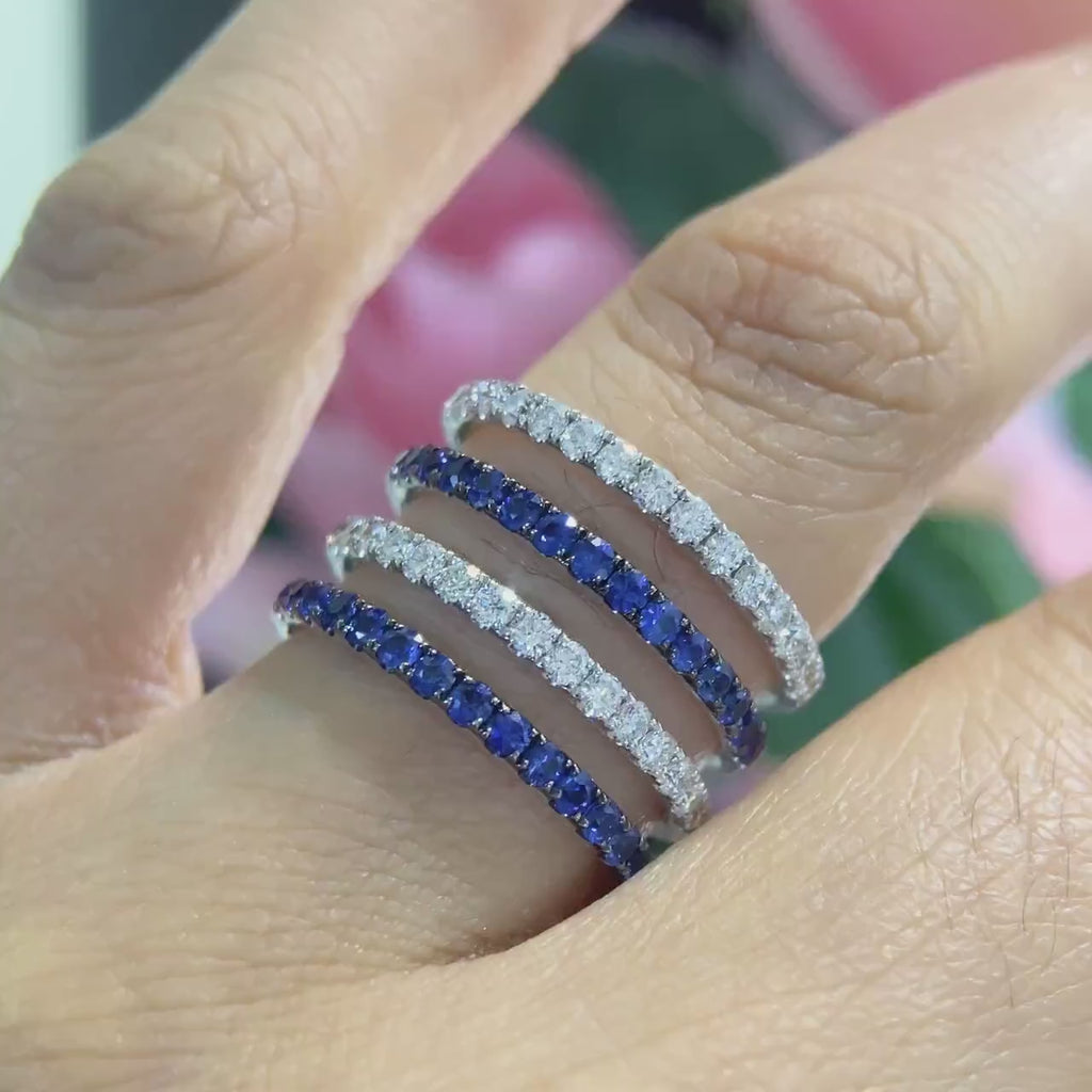 18K White Gold Four Row Ring with 1.00ct in Sapphires and 0.80ct in Diamonds.
