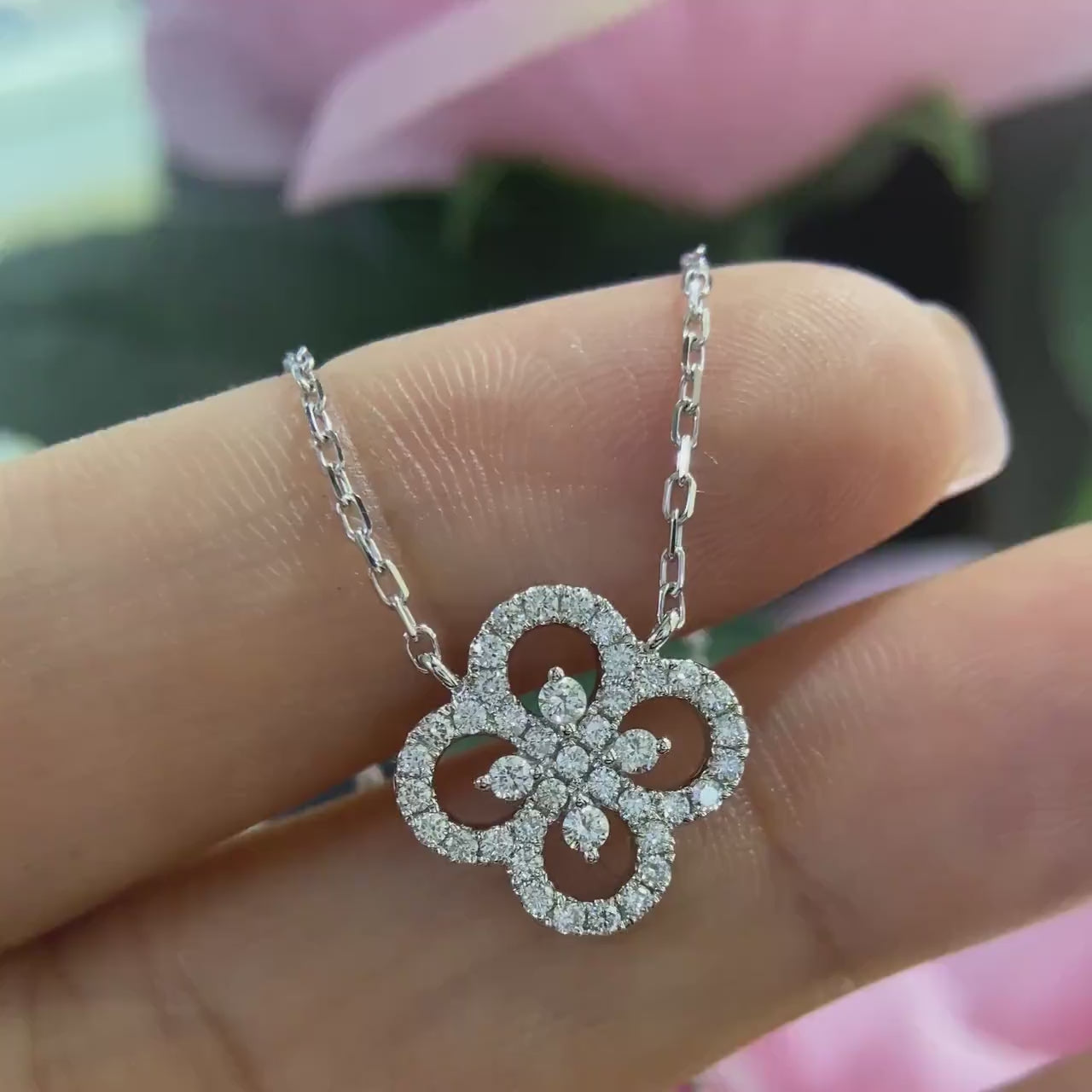 White Gold Necklace with Diamond Cluster Clover Pendant Necklace