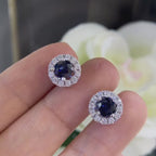 Diamond and blue Sapphire earrings  halo design set in 14K WHITE GOLDSDER035 I,TJJ