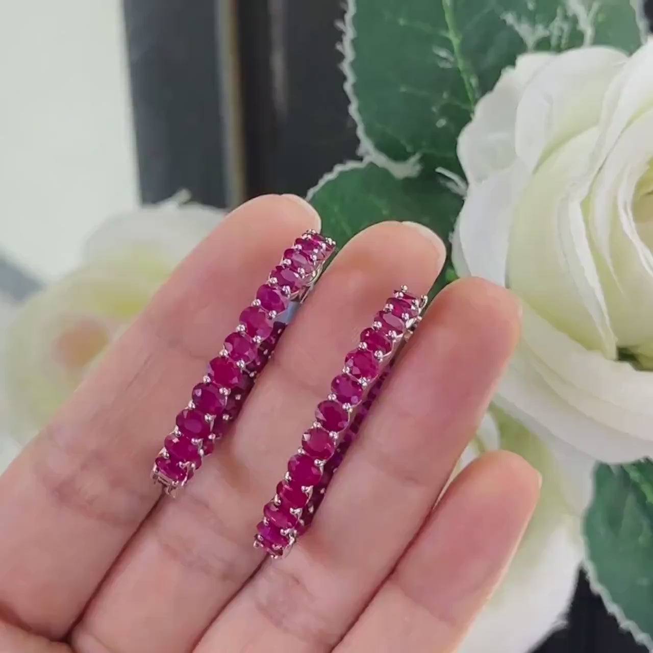Custom Oval Shaped Medium Size Hoop Earrings with Oval Fancy Shape Rubies.