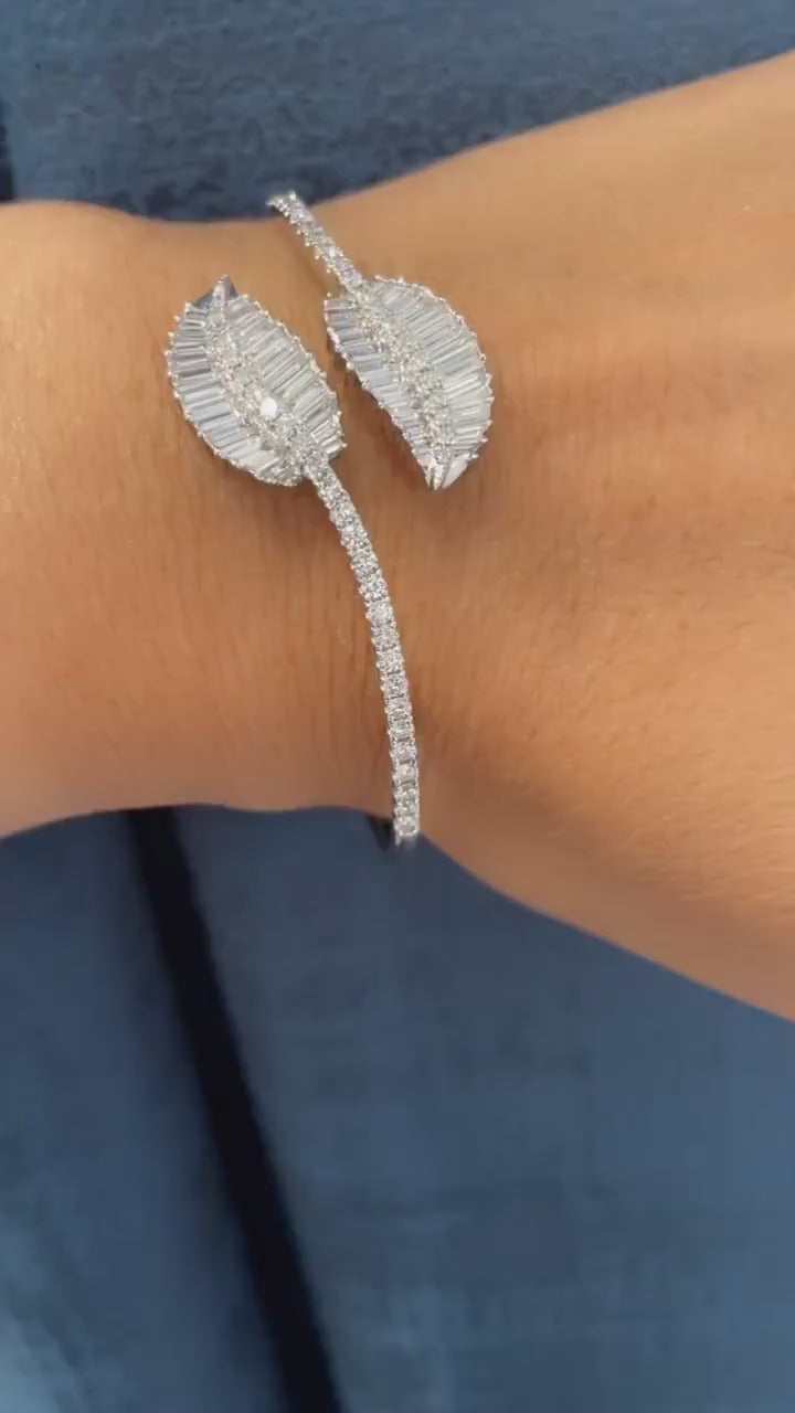 White Gold Bangle Bracelet with Baguette and Round Cut Diamonds
