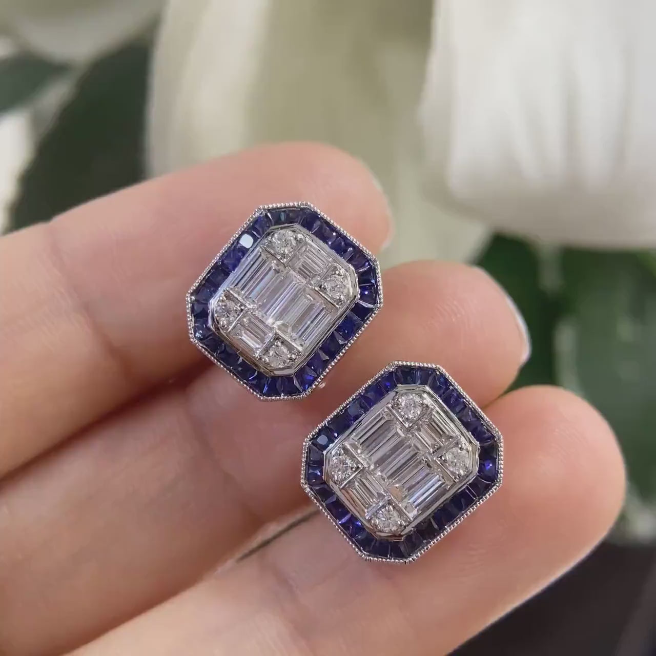 18K White Gold 1.28ct Sapphires Earrings with 0.94ct Diamonds. SDER007. ISTJ
