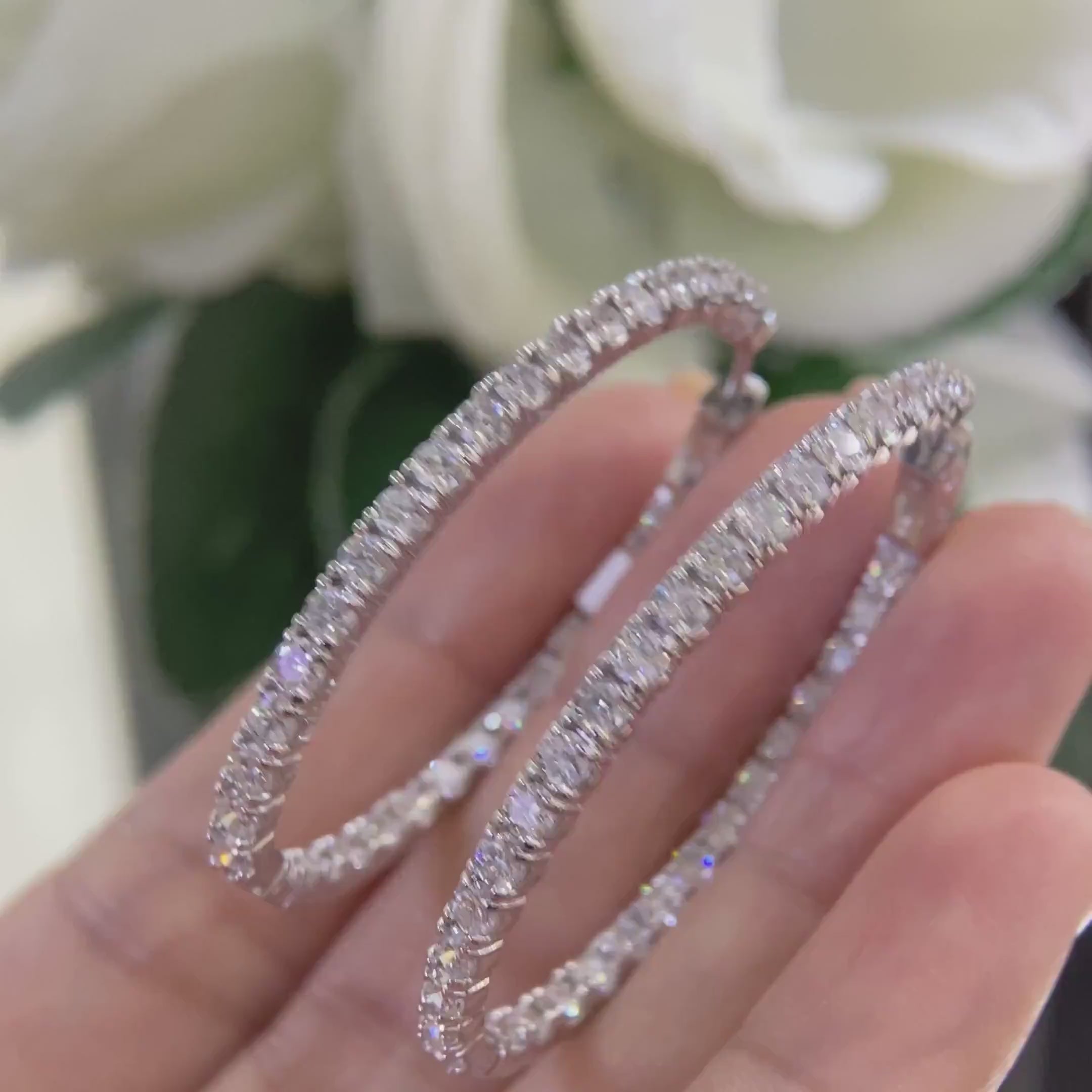 14K White Gold Inside-Out Oval Diamond Hoop Earrings – 5.56CT