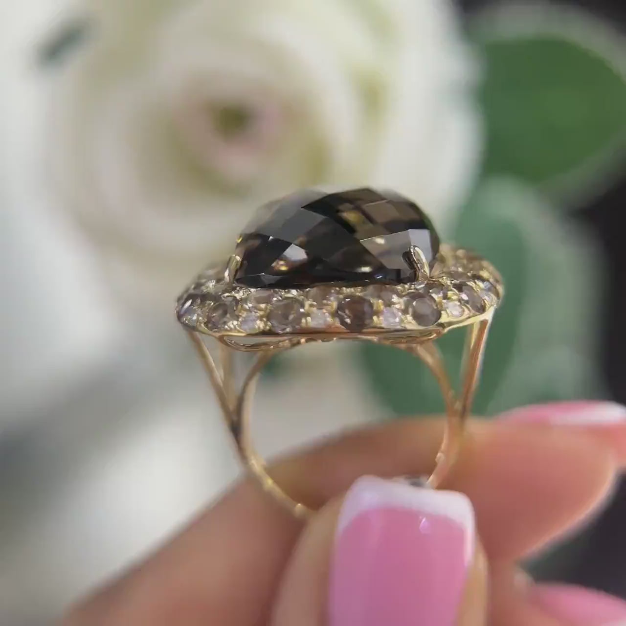14Kt Yellow Gold Smoky Topaz Gemstone Ring 31.73ct cushion cut. Surrounded by smoky topaz 0.46ct total and round cut diamonds and 3.66ct