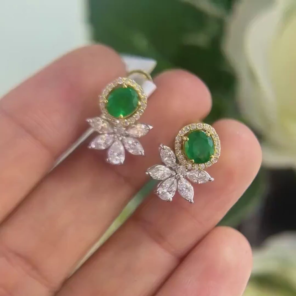 18Kt Yellow & White Gold Earrings , with 1.25ct emeralds rd cut and 1.12ct diamonds marquise cut. G-H color, VS2 SI Clarity, COLER IEAJ