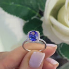 White Gold Diamond Tanzanite Ring in Halo Setting with Half Circle Diamonds of The Band