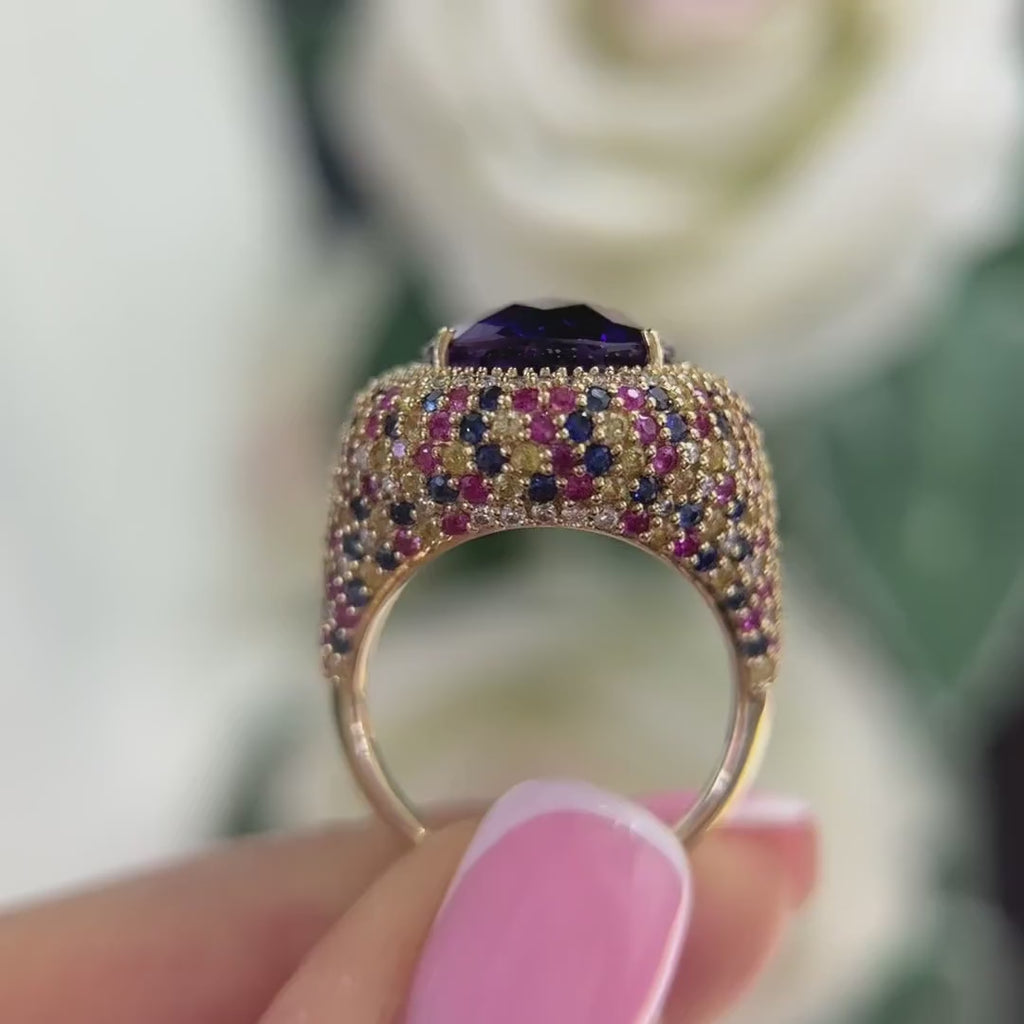 14K Yellow Gold Ring with 8.12CT Oval Amethyst, 2.65CT Multi-Color Sapphires & 0.71CT Diamonds