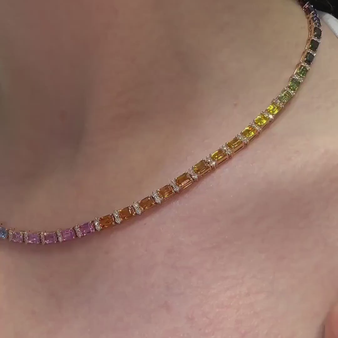 18KT Rose Gold Multi-Sapphire Tennis Necklace with Diamond Accents SDN025 AEIE
