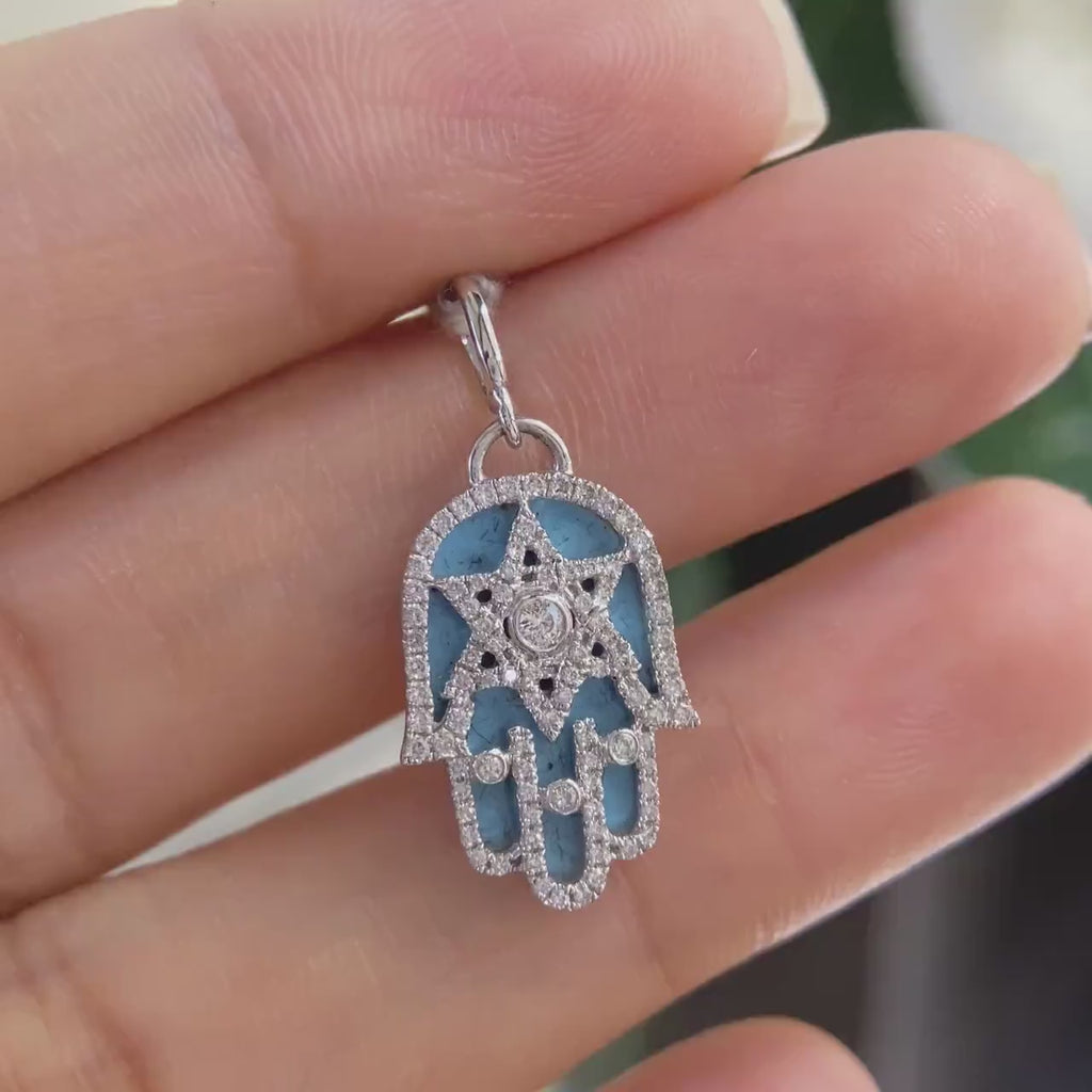 White Gold Hamsa Pendant with Enamel Back Round and Star of David Center.