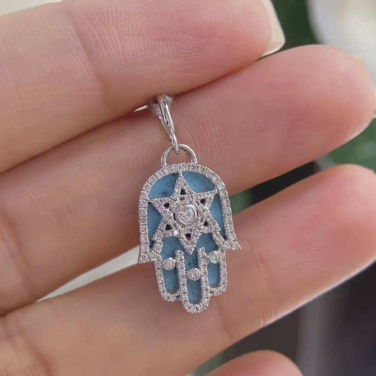 White Gold Hamsa Pendant with Enamel Back Round and Star of David Center.