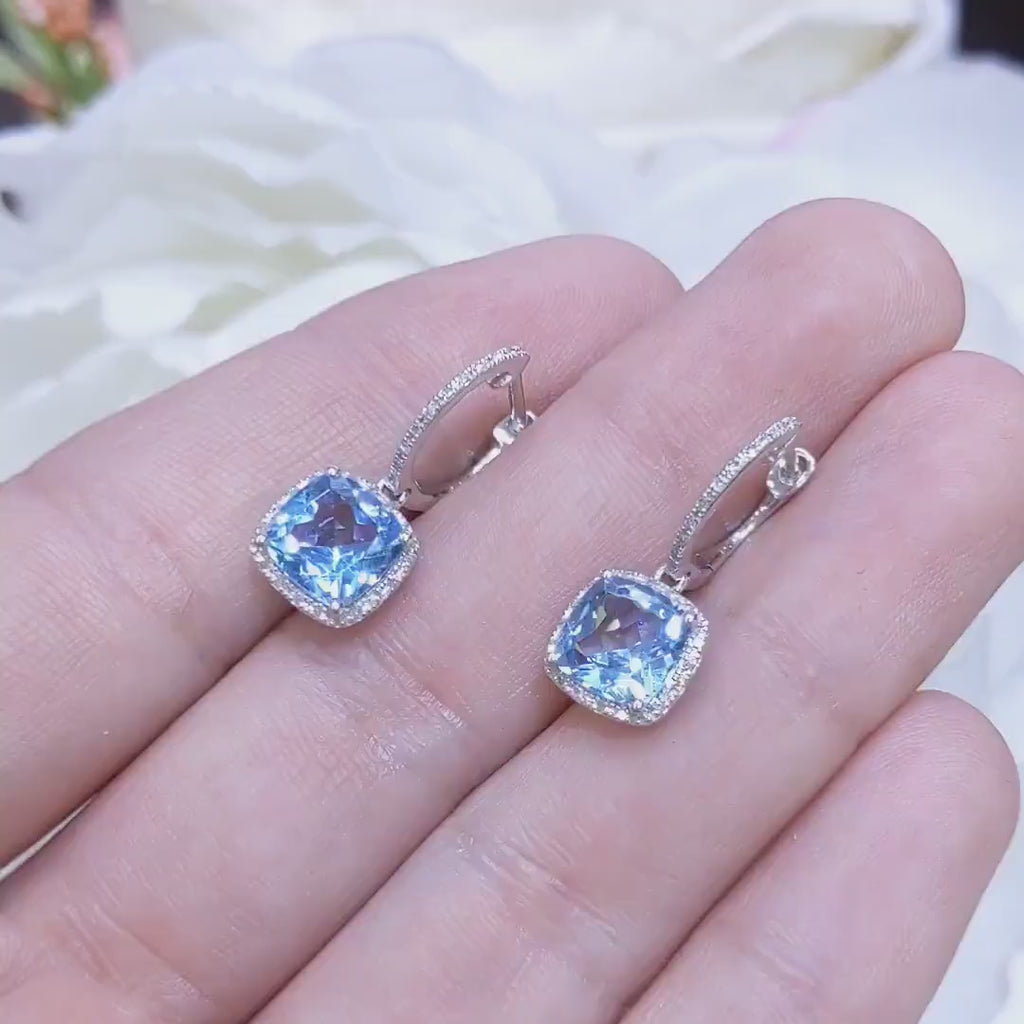 4.01CT Blue Topaz and Diamond Halo Dangling Earrings in 14K White Gold
