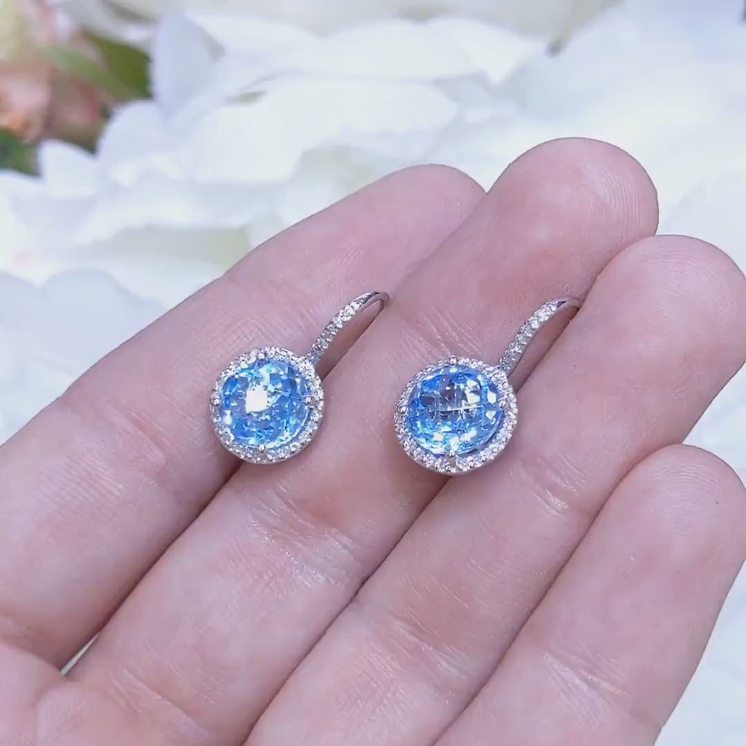14K White Gold Blue Topaz & Diamond Halo Dangle Earrings – W8315