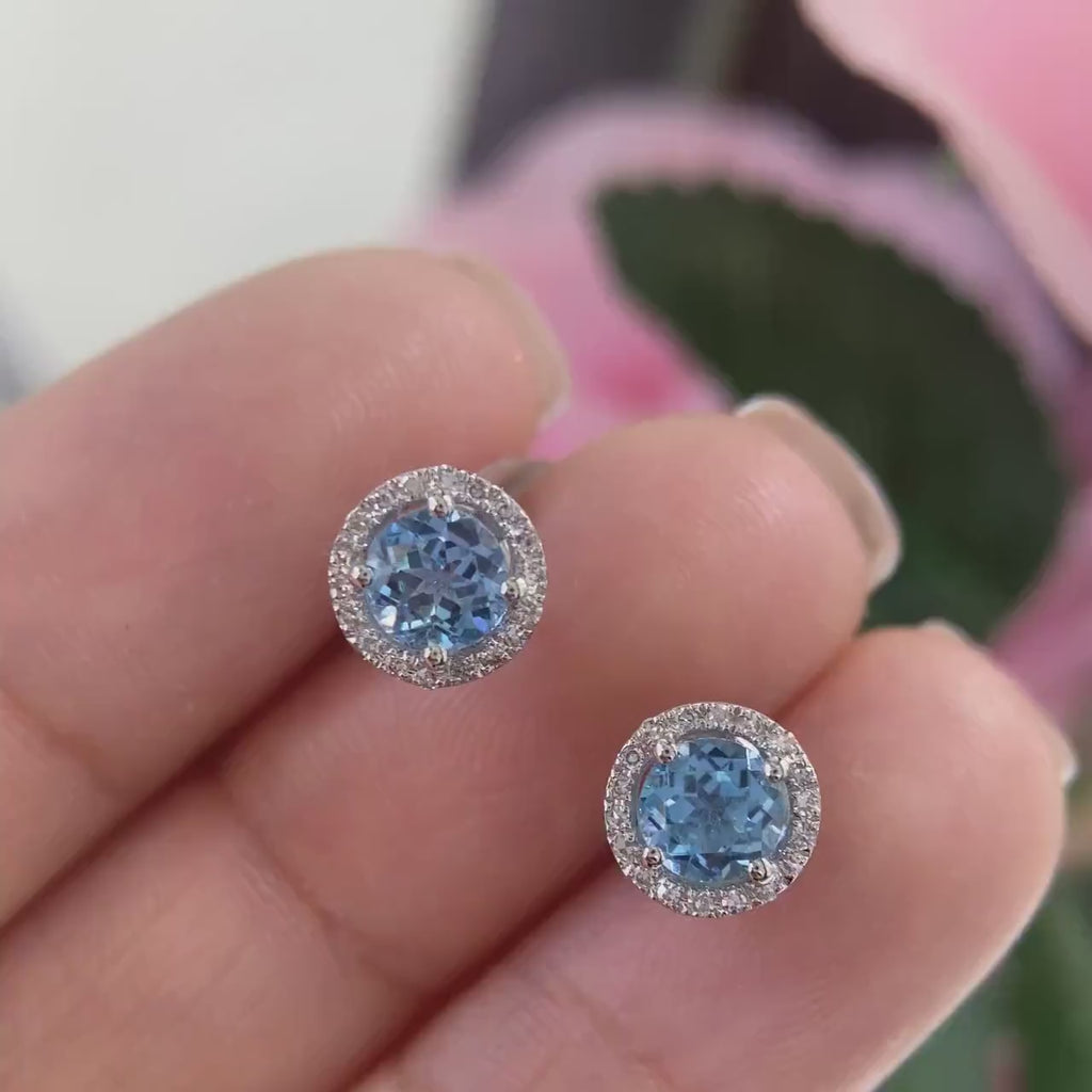 Natural  1.23ct Blue Topaz Earrings with 0.11c t in Diamonds. DCE-1422-162