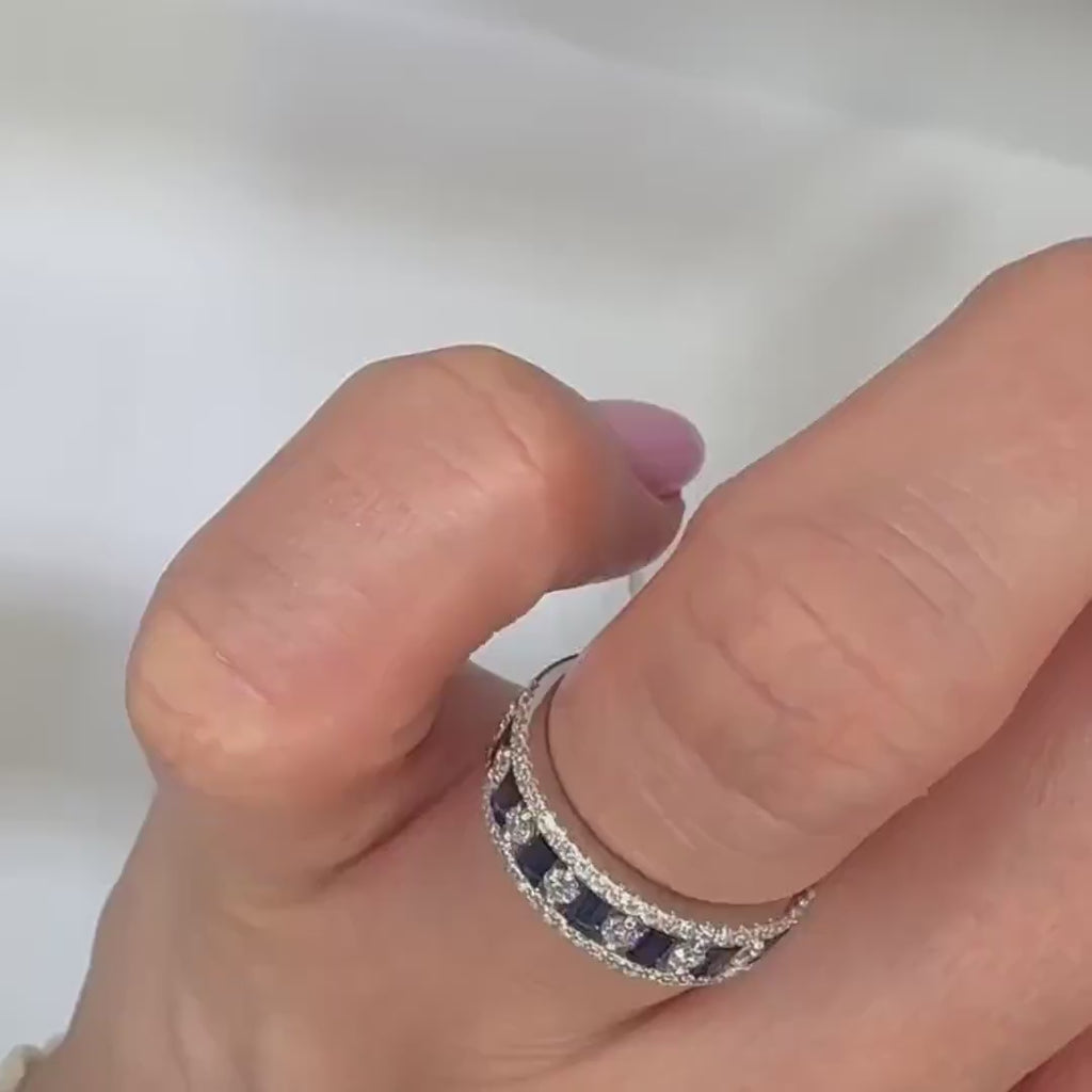 18KT White Gold Ring with 0.54ct Diamonds & 0.75ct Baguette Sapphires SDR990 IITJ