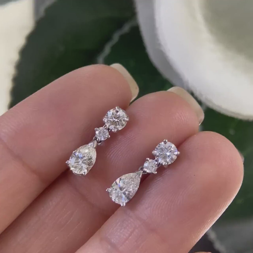 White Gold Diamond Drop Earrings with Natural Round and Pear Shape Cut Diamonds