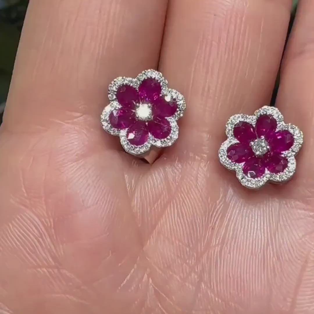 18KT White Gold Ruby & Diamond Floral Earrings – RUBDER0820 IGSA