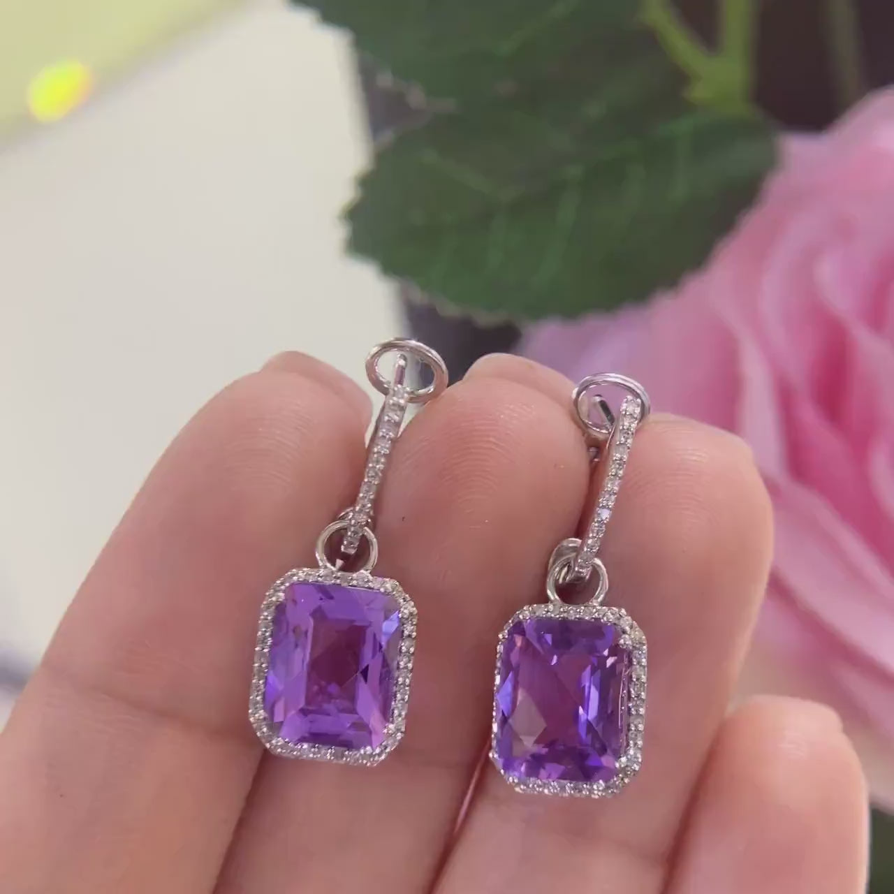 14K White Gold Earrings 6.78ct in Amethyst with 0.20ct in Diamonds. DC-E9832