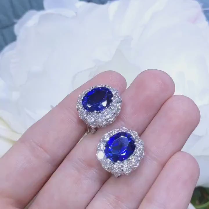 Lab Grown Oval Cut Sapphire Clip-On Stud Earrings in Halo Setting Surrounded with Natural Diamonds